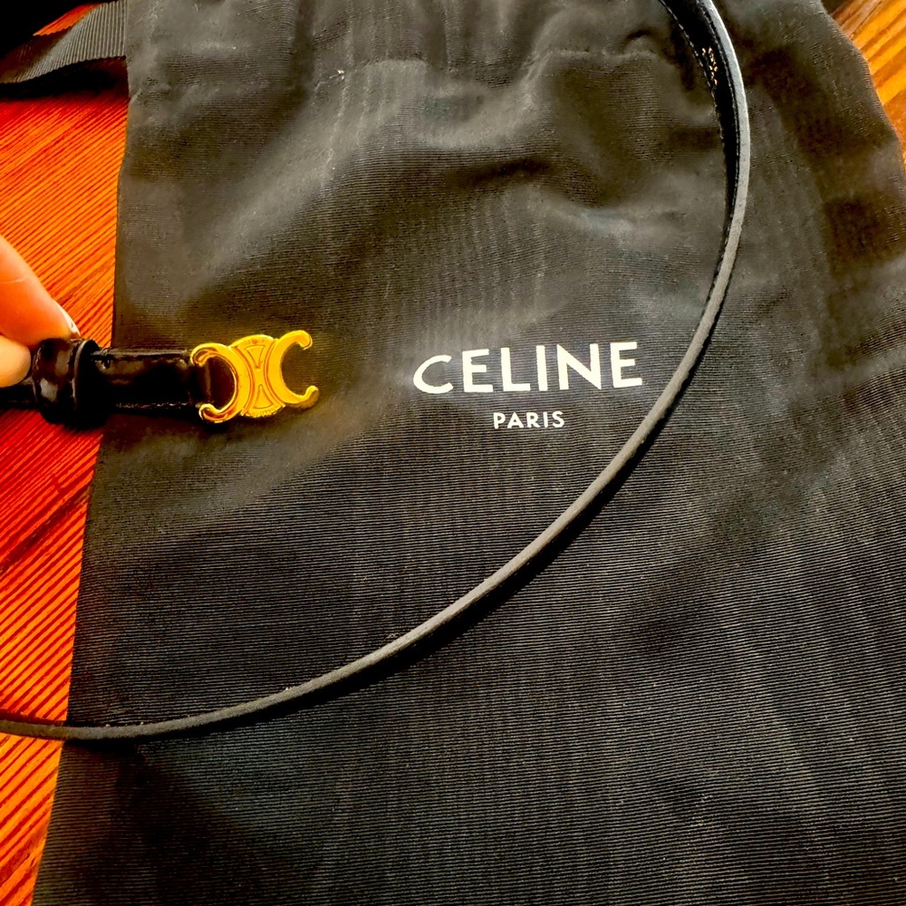 Celine Black Triomphe Leather Belt with Gold Accent